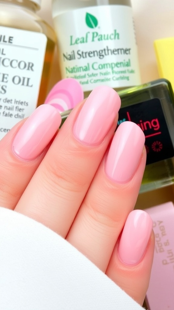 Well-groomed nails with pink polish and nail care products.